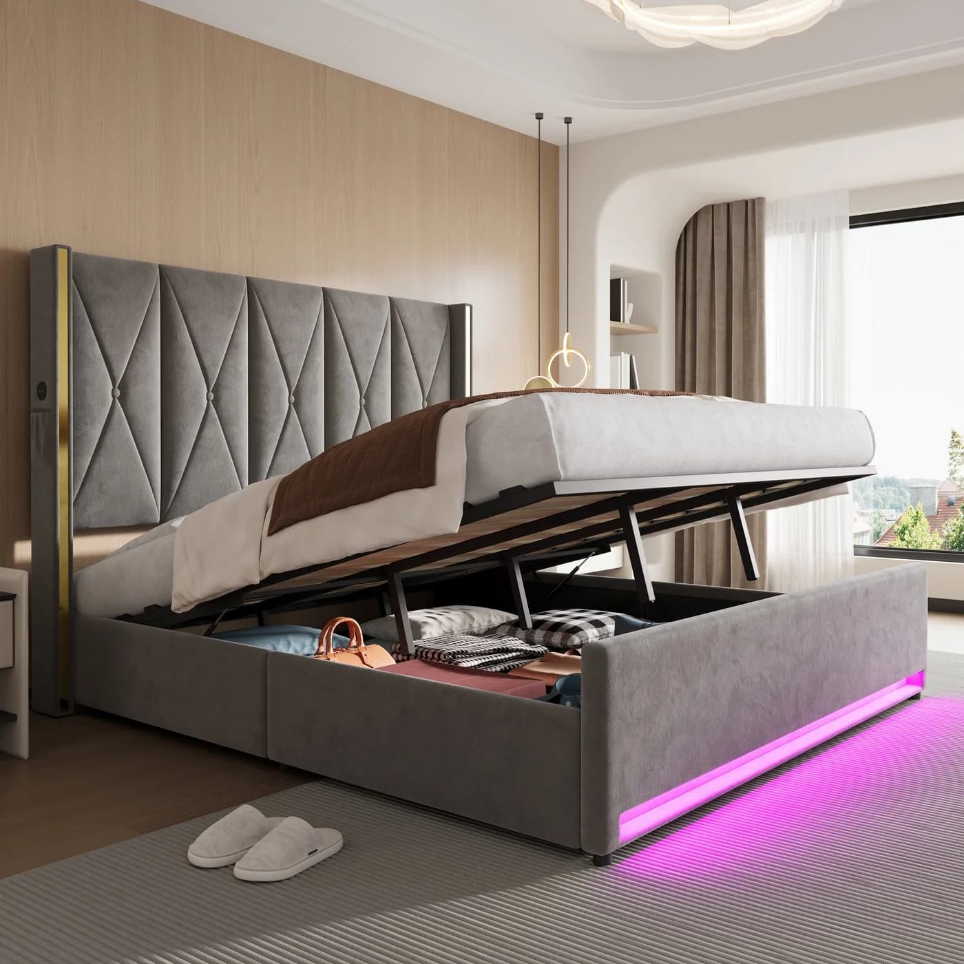 TavilaEcon Boxspringbett Veloursbett mit LED-Beleuchtung und Stauraum grau/beige - Bild 2