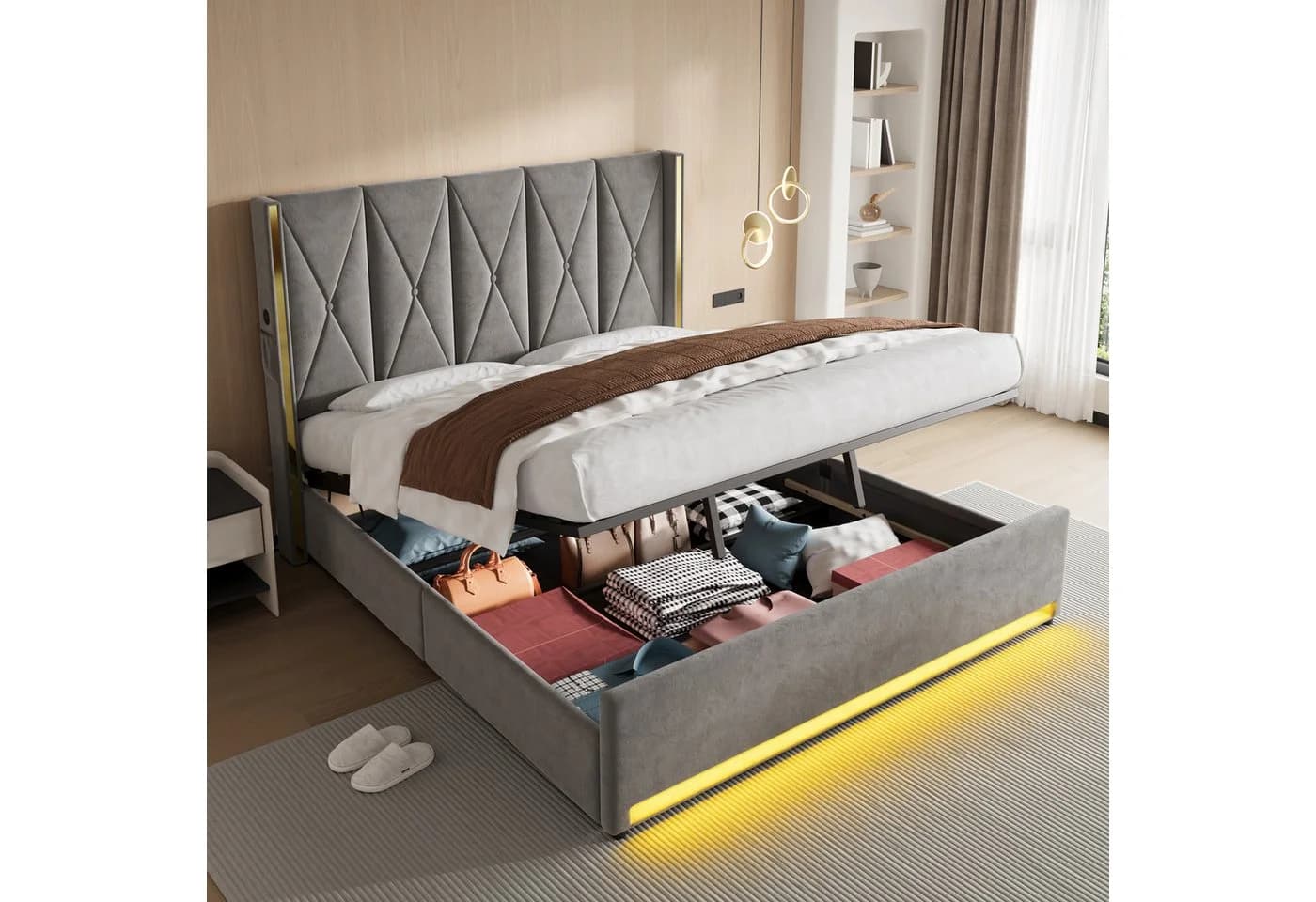TavilaEcon Boxspringbett Veloursbett mit LED-Beleuchtung und Stauraum grau/beige - Bild 3