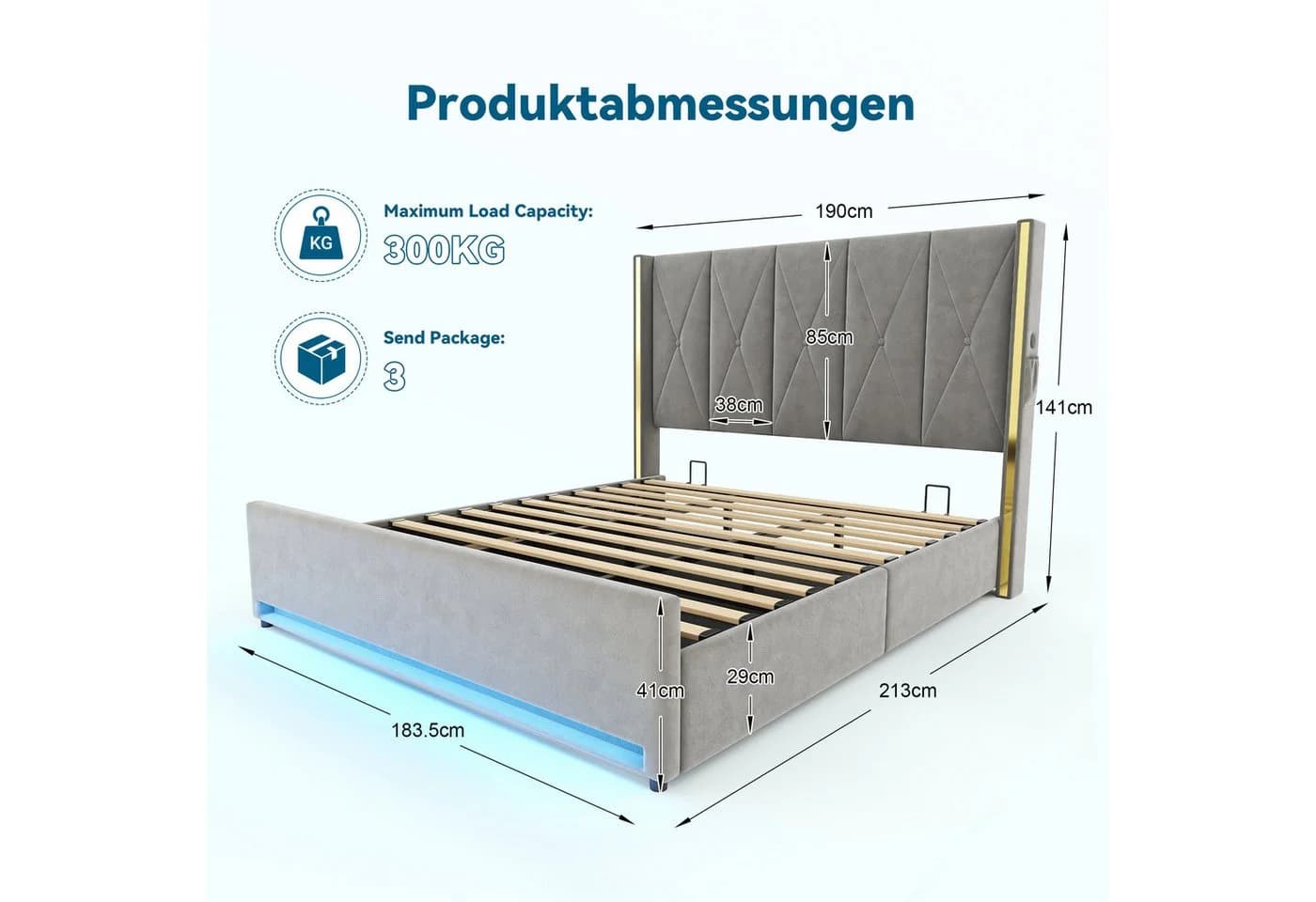 TavilaEcon Boxspringbett Veloursbett mit LED-Beleuchtung und Stauraum grau/beige - Bild 4