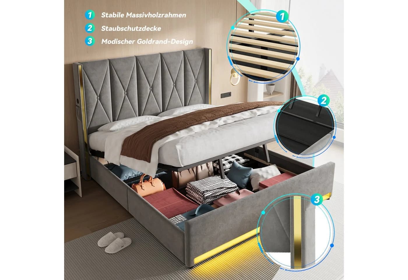TavilaEcon Boxspringbett Veloursbett mit LED-Beleuchtung und Stauraum grau/beige - Bild 5
