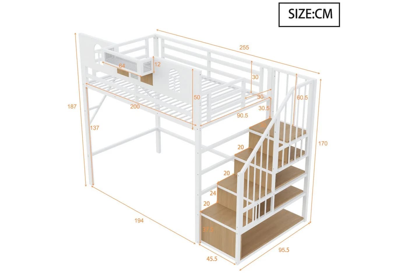 Ulife Hochbett Weiß mit Stauraumleiter und Lichtleiste