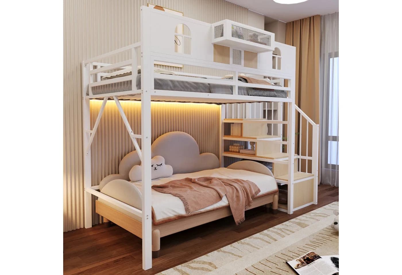 Ulife Hochbett Weiß mit Stauraumleiter und Lichtleiste - Bild 3