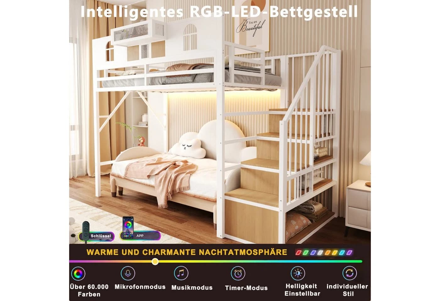 Ulife Hochbett Weiß mit Stauraumleiter und Lichtleiste - Bild 4