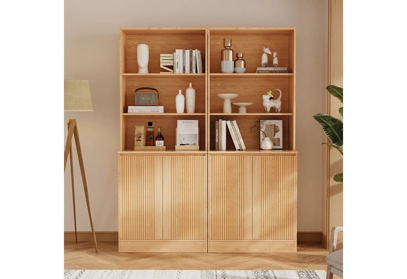 VOWNER Bücherregal 5-stöckig mit 2 Holztüren Beige - Bild 2