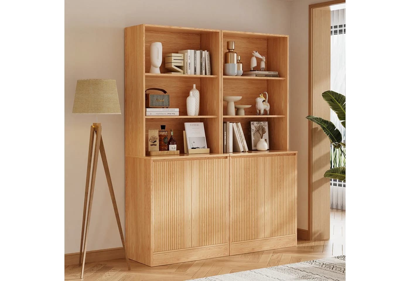 VOWNER Bücherregal 5-stöckig mit 2 Holztüren Beige - Bild 4