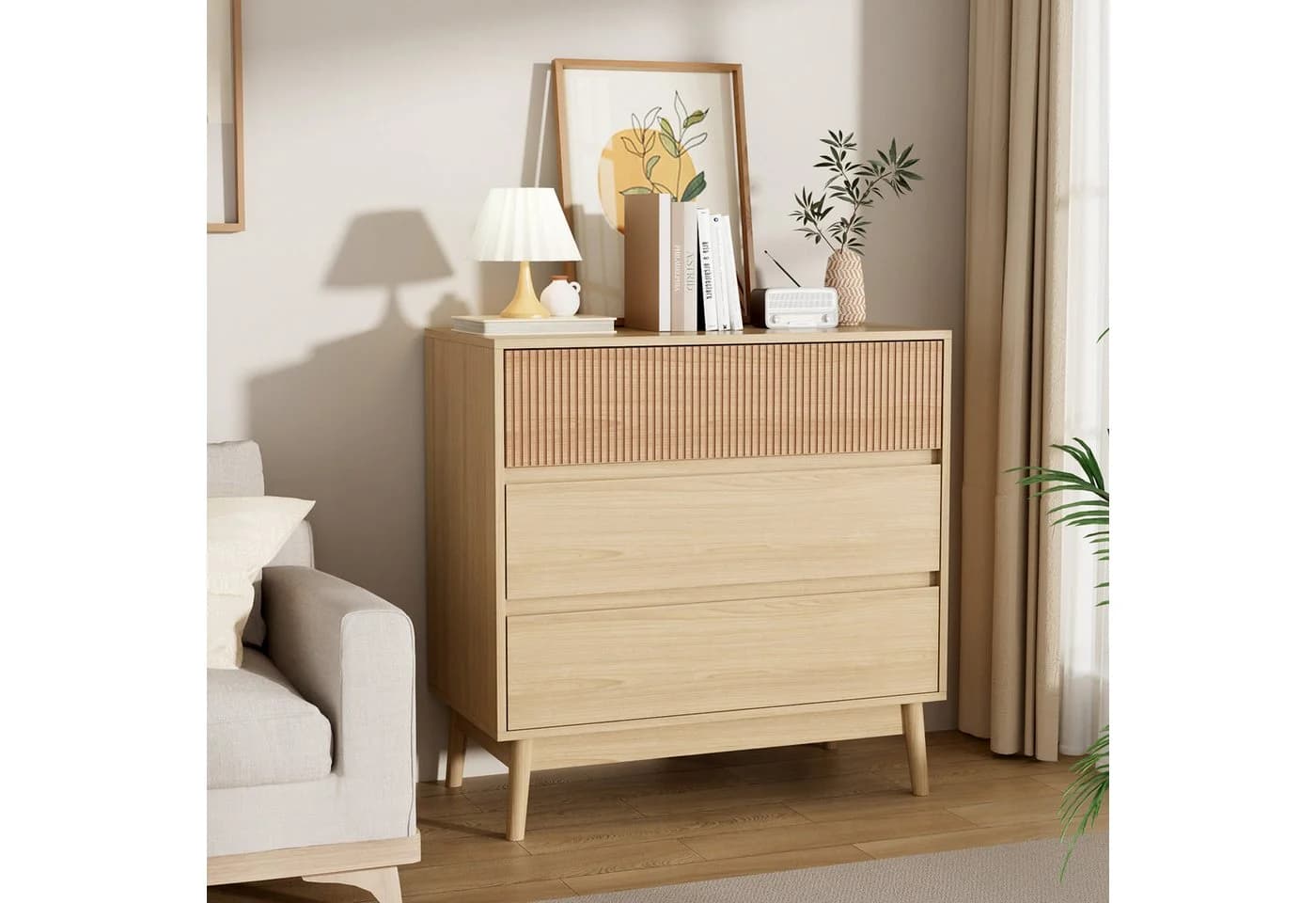 VOWNER Kommode Grifflose Schubkastenkommode Skandinavisch Beige - Bild 4