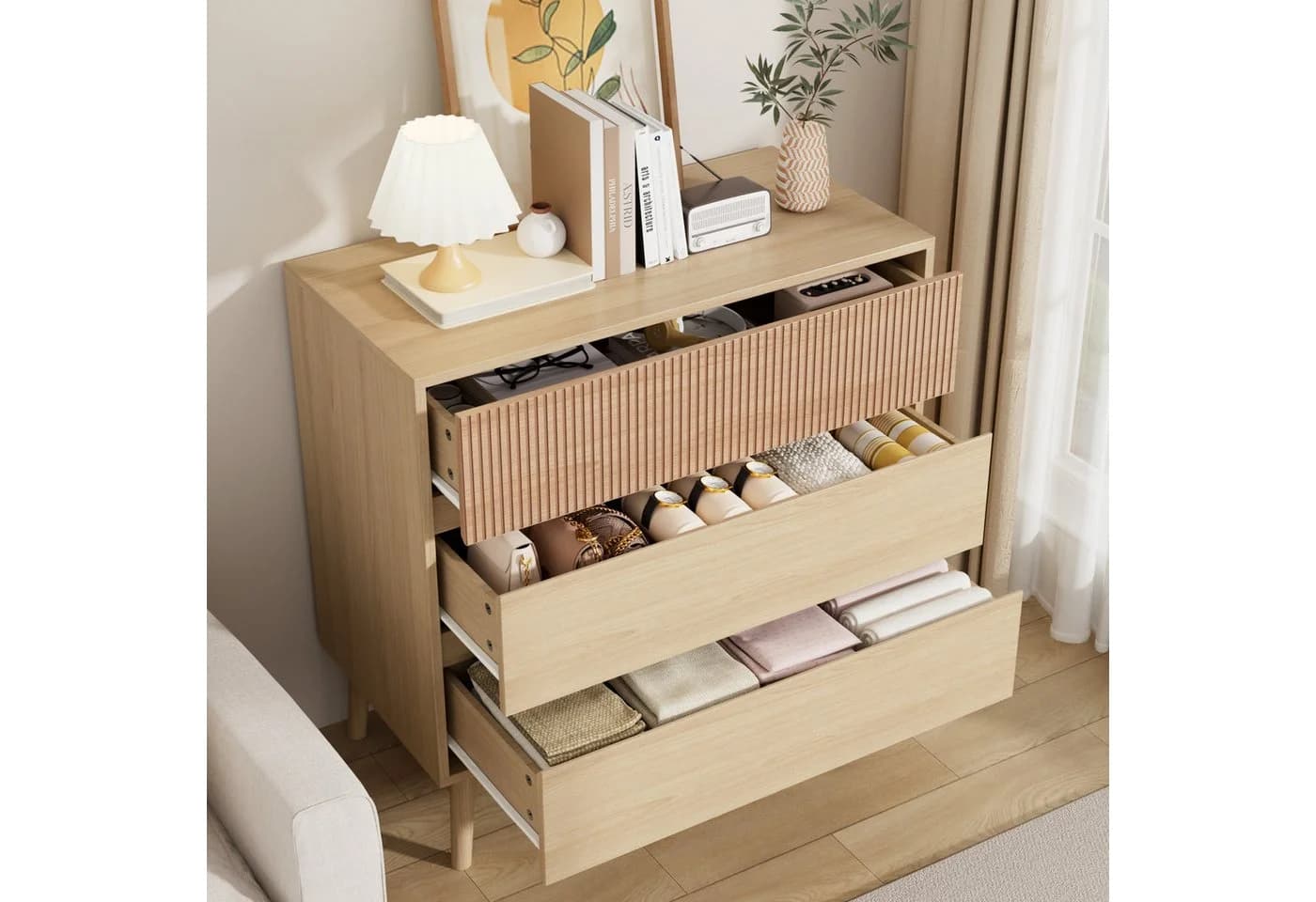 VOWNER Kommode Grifflose Schubkastenkommode Skandinavisch Beige - Bild 5