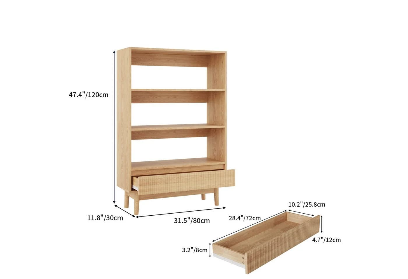 VOWNER Bücherregal mit Schublade, 3 Ebenen, Holzoptik, Modern