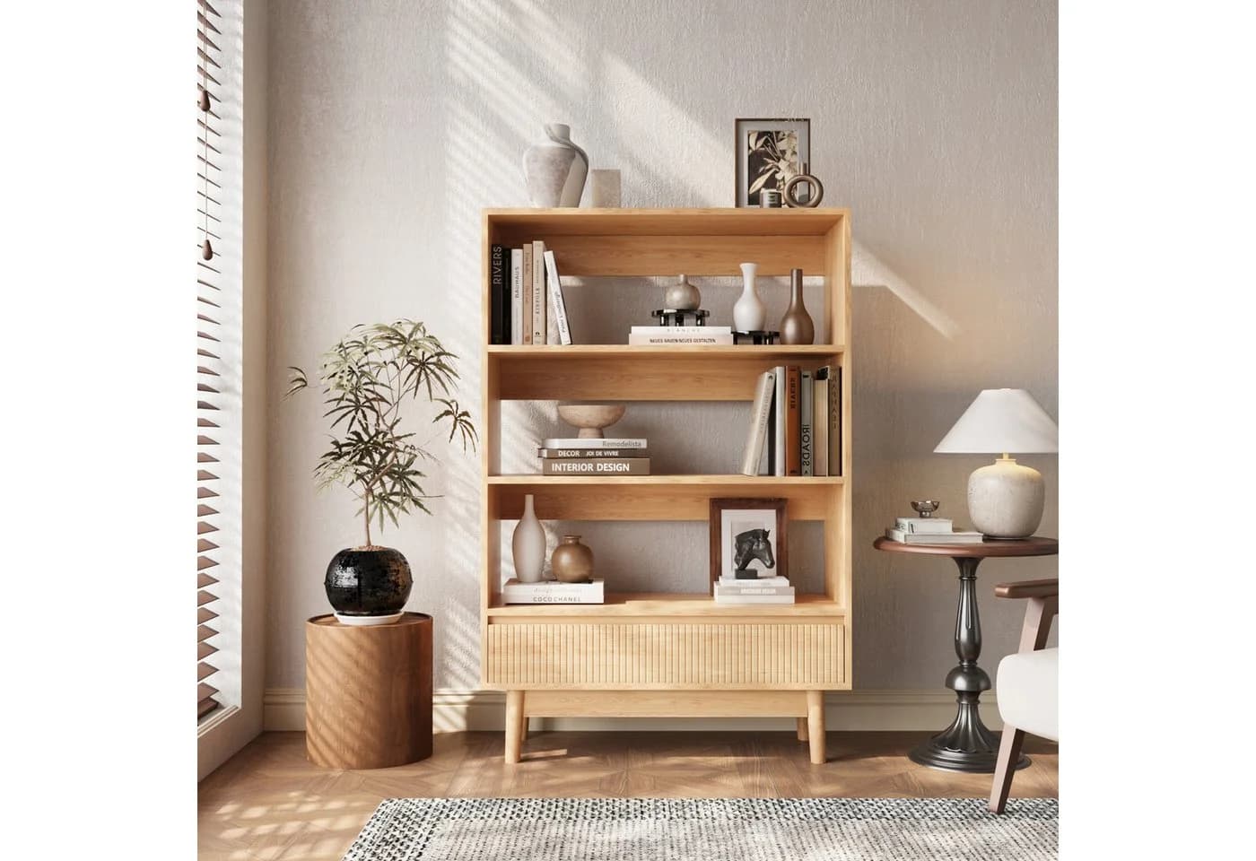 VOWNER Bücherregal mit Schublade, 3 Ebenen, Holzoptik, Modern - Bild 2