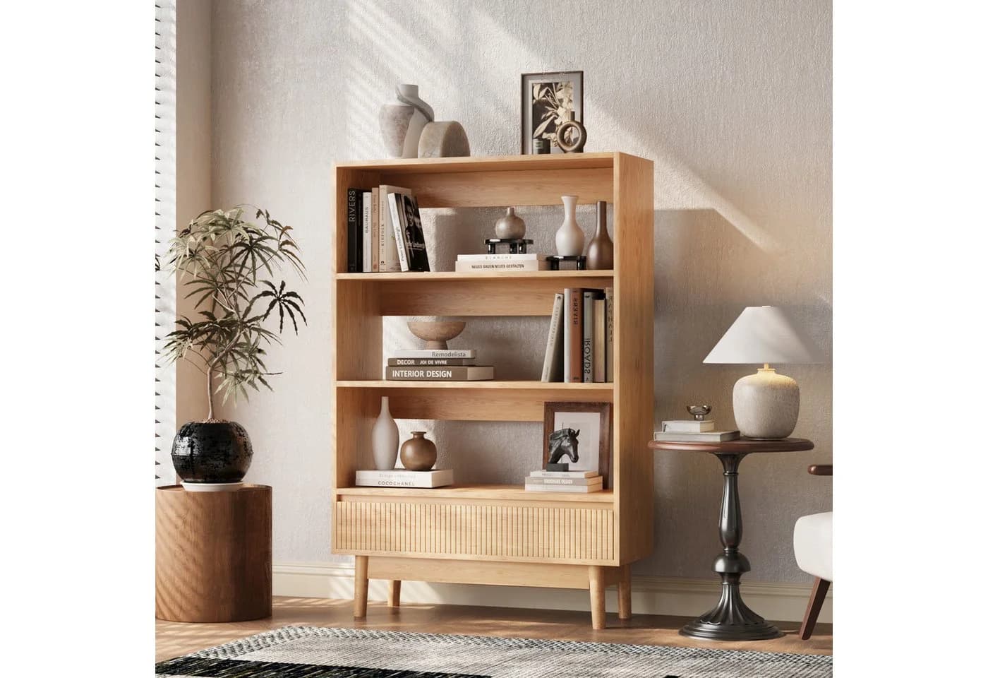 VOWNER Bücherregal mit Schublade Modernes Standregal Beige - Bild 4