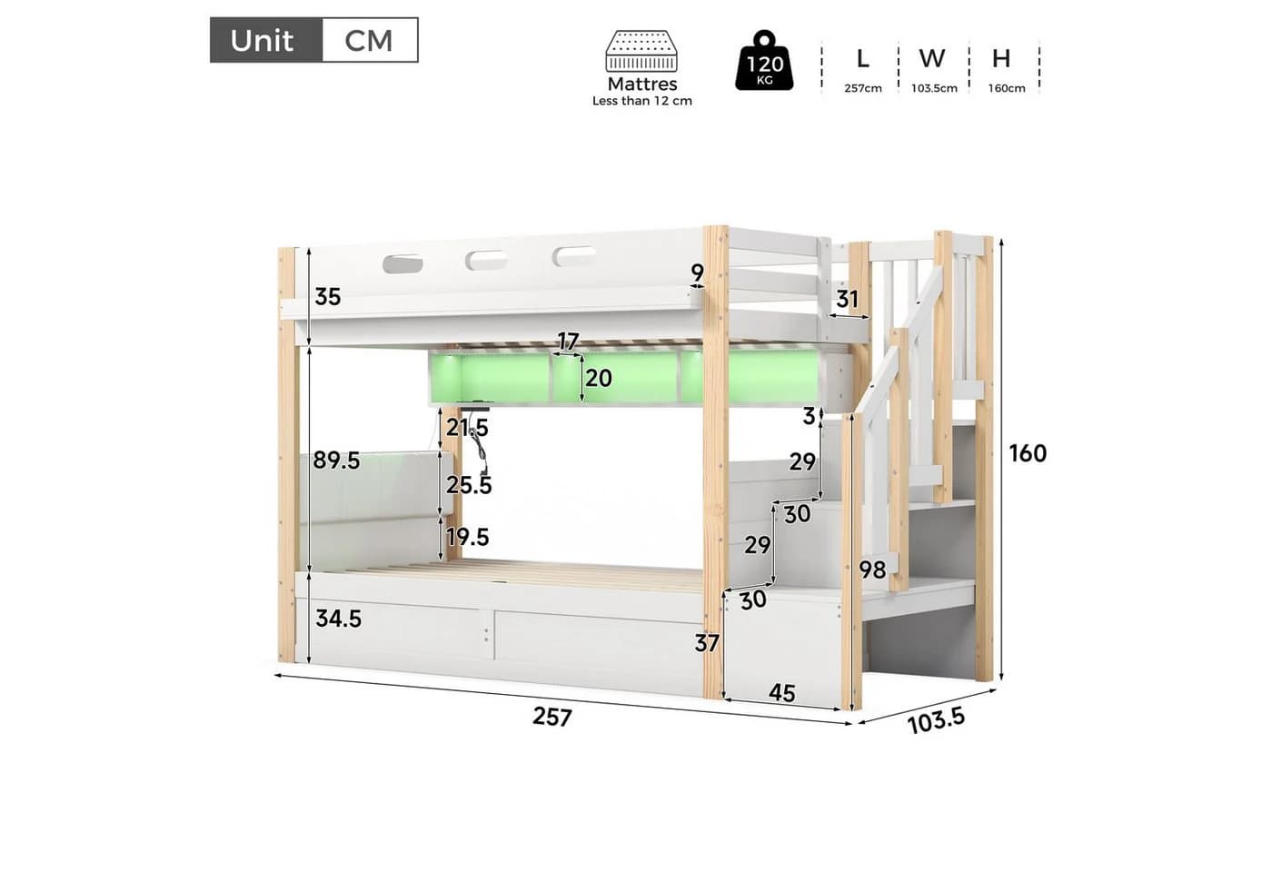 Ulife Etagenbett mit hydraulischem Unterbett, LED-Ablageboard & Treppe