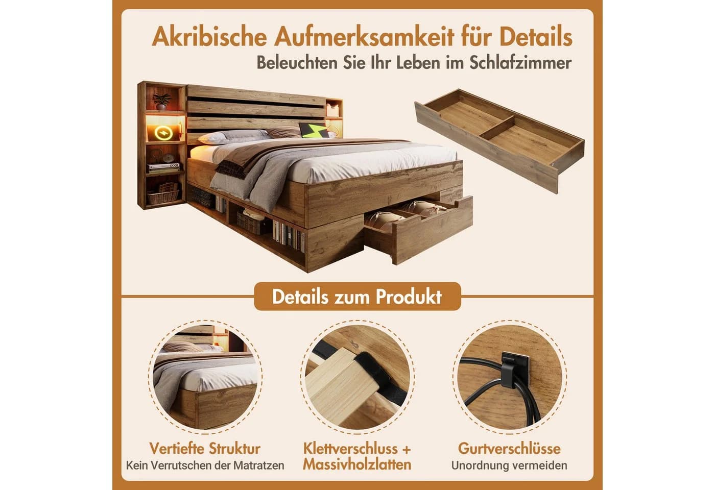 Ulife Stauraumbett Eiche-Optik mit LED & USB-Anschlüssen - Bild 5