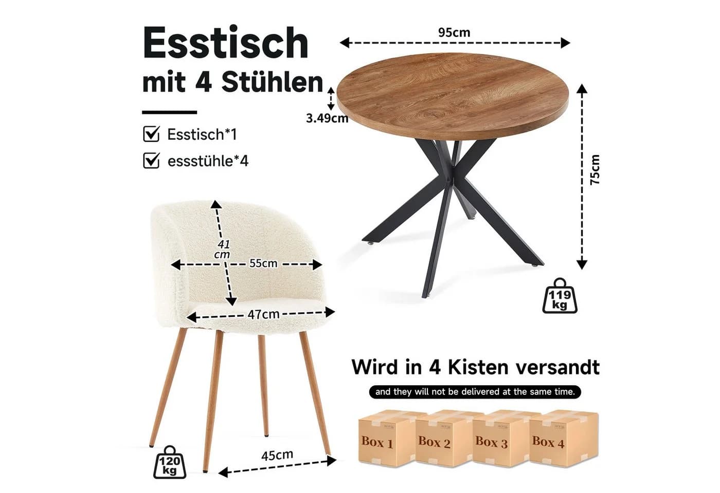 NORDICANA Essgruppe 5-tlg. runder Esstisch mit Stühlen Beige/Braun