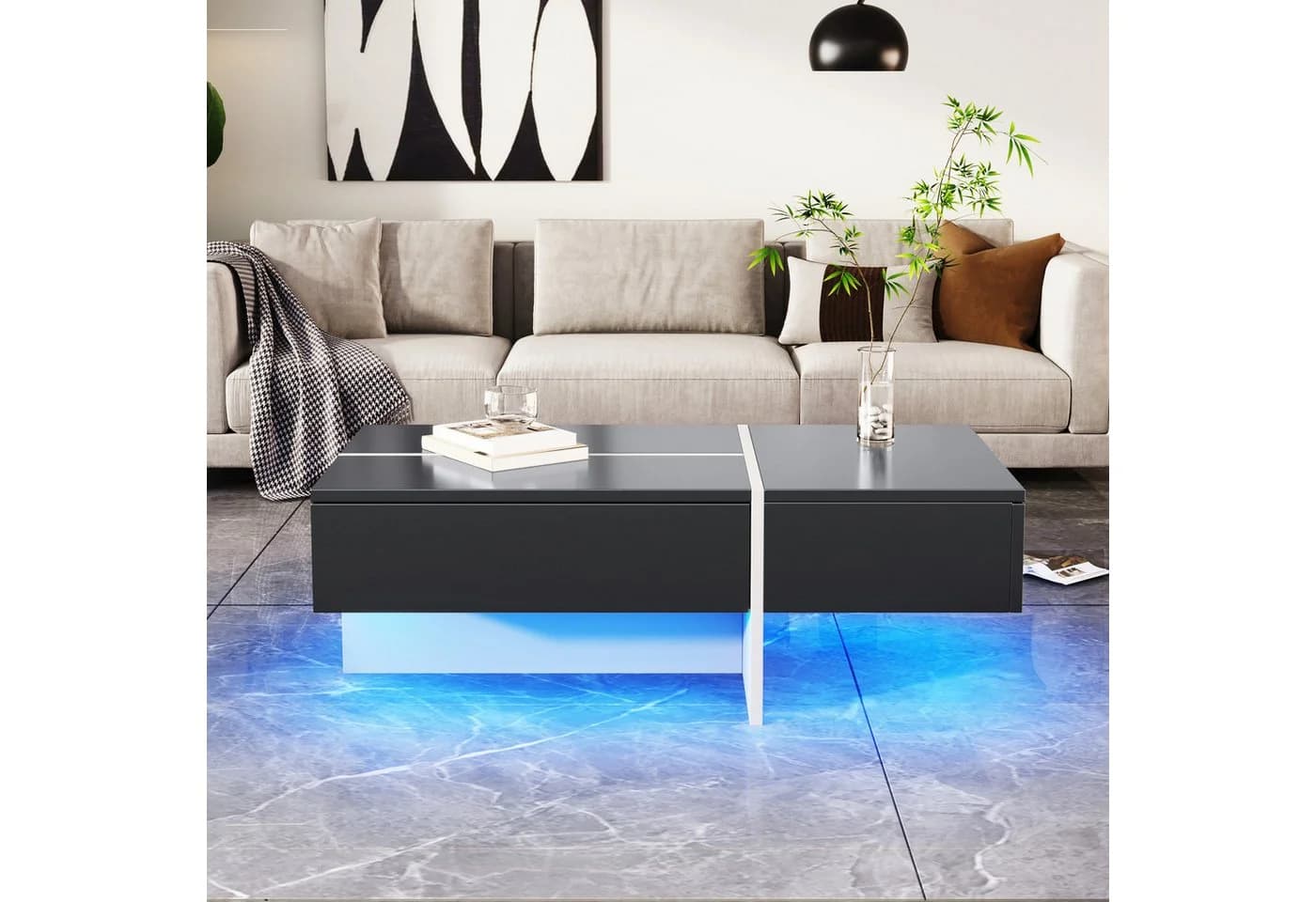Ulife Couchtisch mit LED-Beleuchtung und Schubladen Schwarz/Weiß Hochglanz - Bild 2