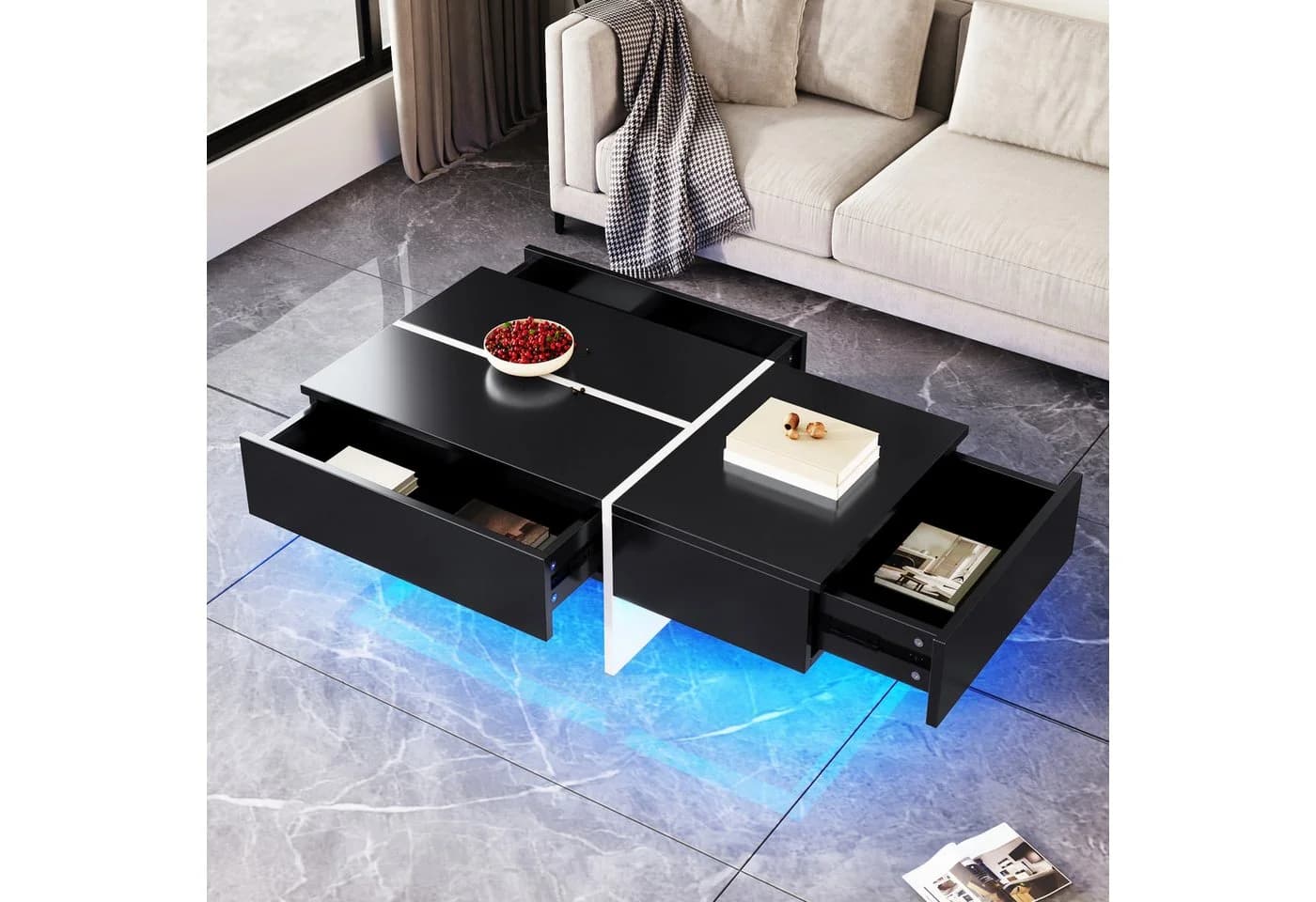 Ulife Couchtisch mit LED-Beleuchtung und Schubladen Schwarz/Weiß Hochglanz - Bild 4