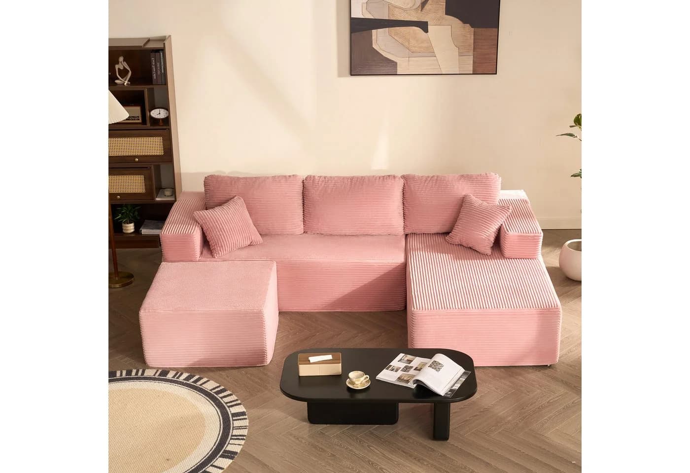 LITBIRD Ecksofa U-förmig Rosa Cordstoff Schlafsofa - Bild 2