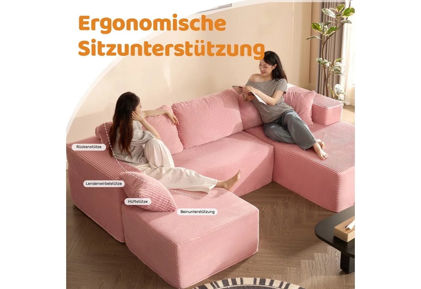 LITBIRD Ecksofa U-förmig Rosa Cordstoff Schlafsofa - Bild 4