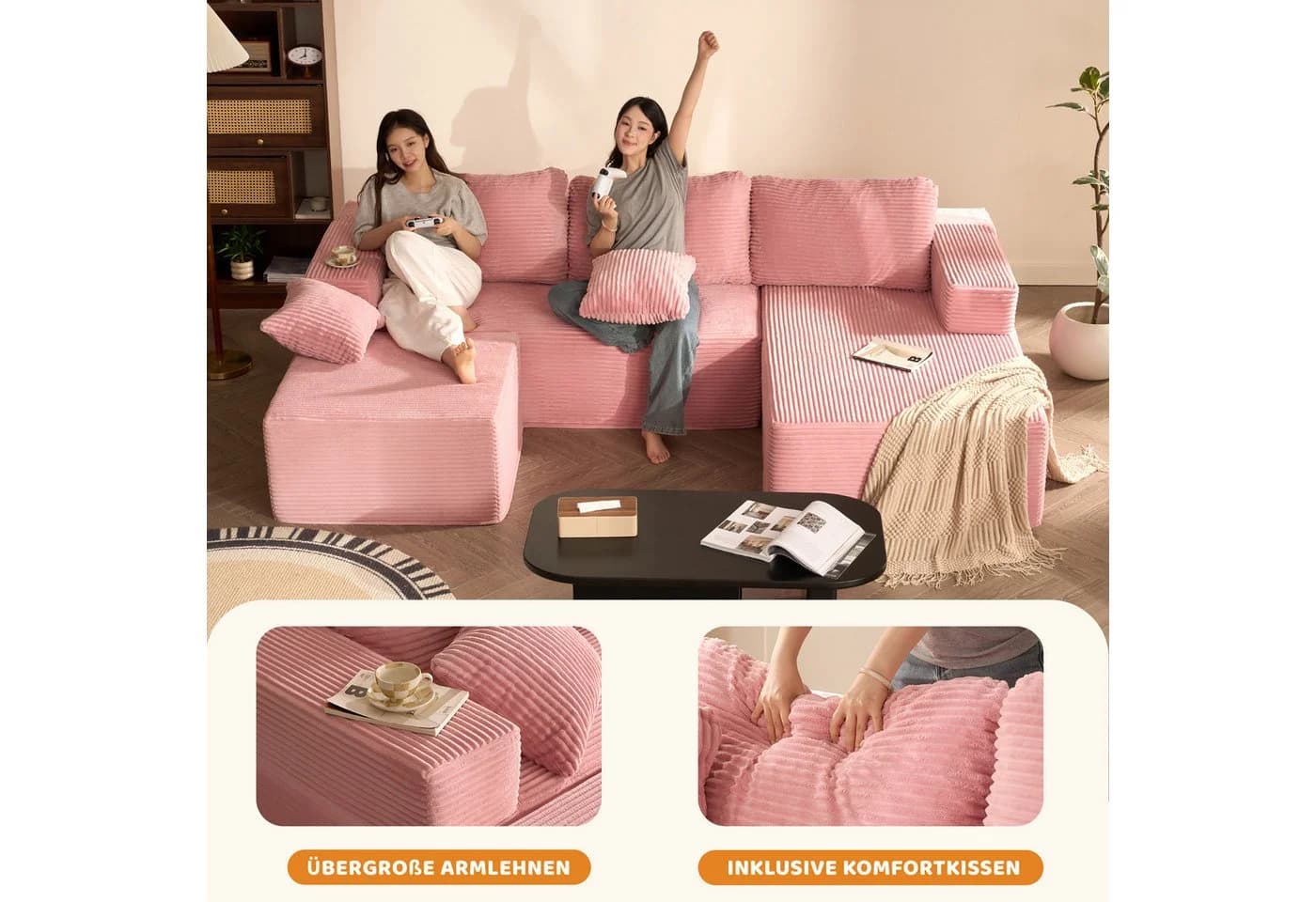 LITBIRD Ecksofa U-förmig Rosa Cordstoff Schlafsofa - Bild 5