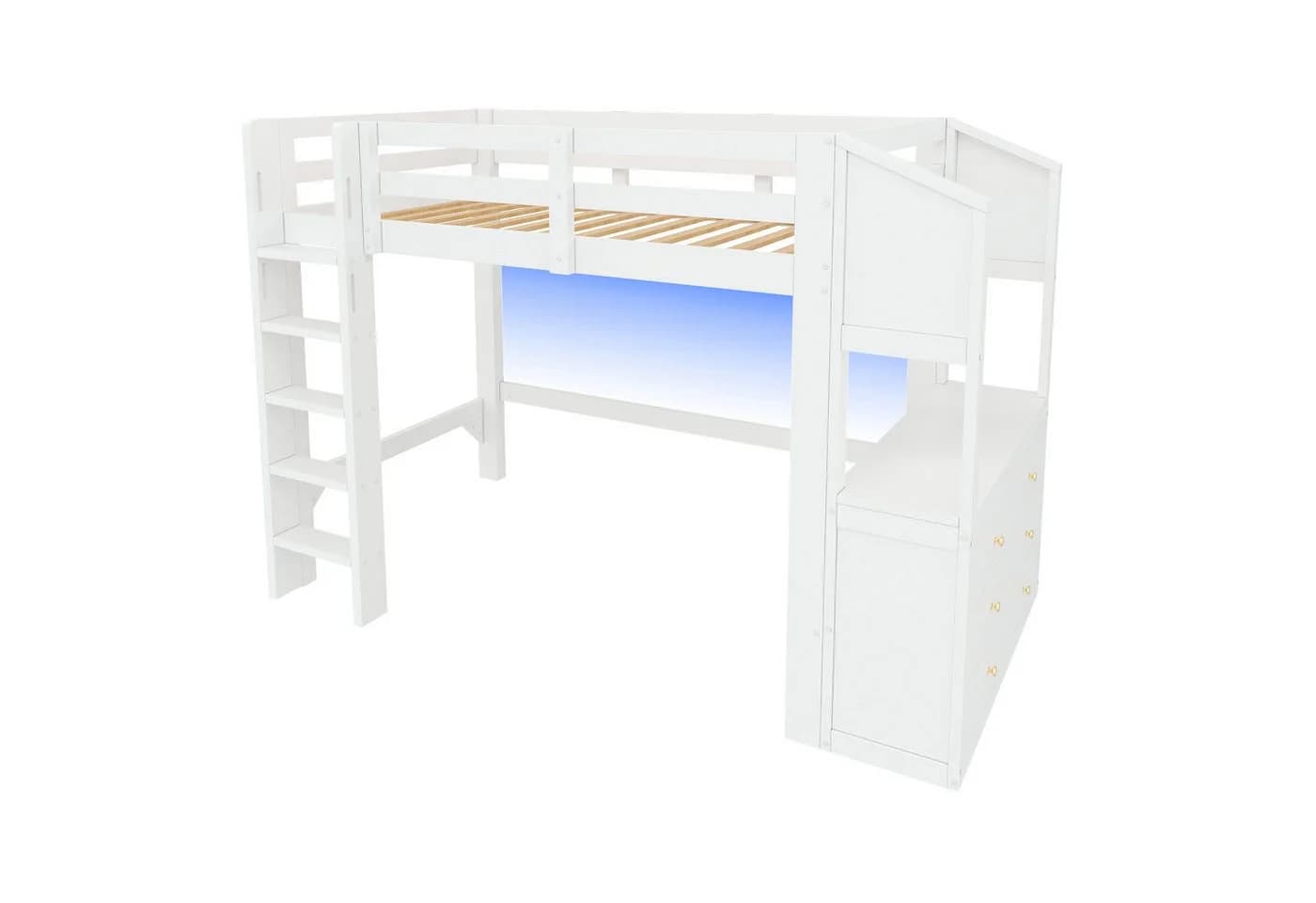 Ulife Hochbett 90x200 mit Schreibtisch, LED-Beleuchtung & Stauraum, weiß - Bild 5