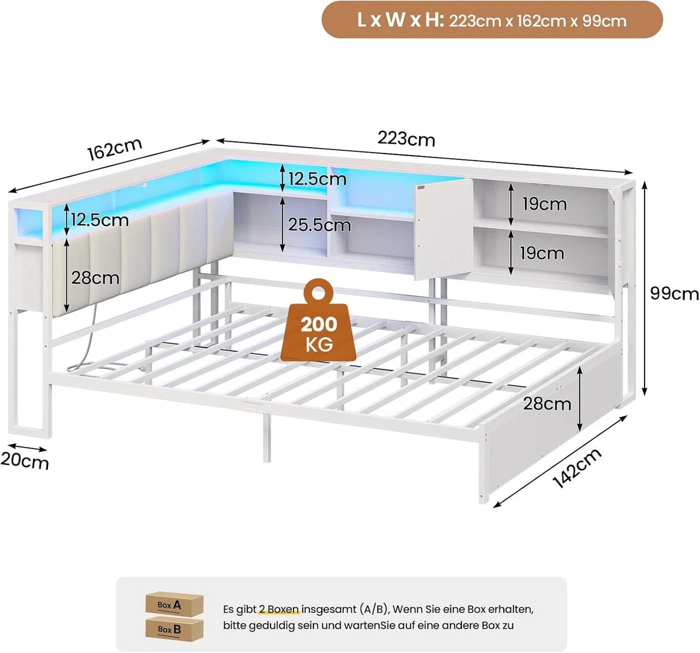 KIMENICH Polsterbett 140x200 cm Weiß mit LED, USB & Stauraum