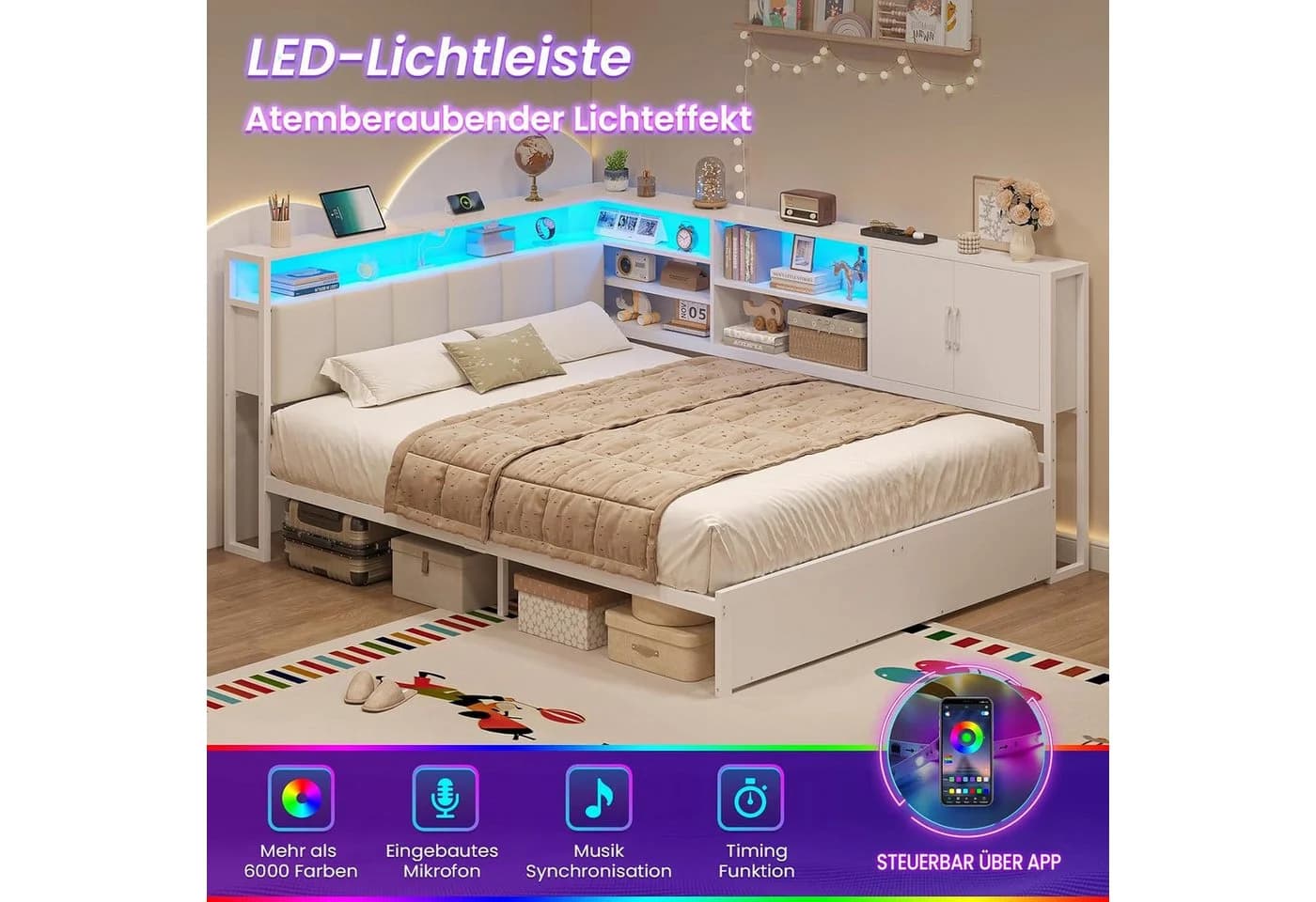 KIMENICH Polsterbett 140x200 cm Weiß mit LED, USB & Stauraum - Bild 5