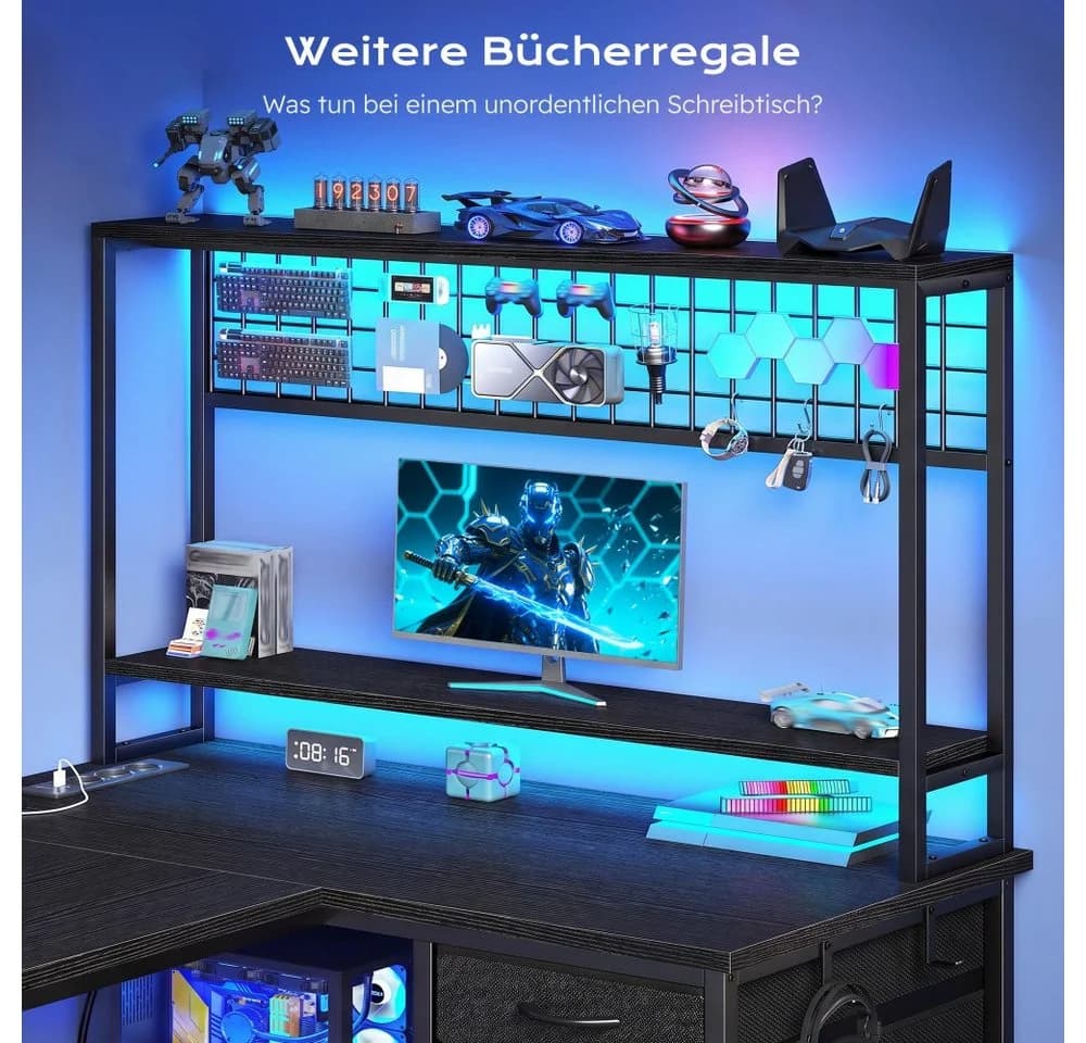 Klyvvo Gaming Schreibtisch L-Form Schwarz mit Schubladen & LED