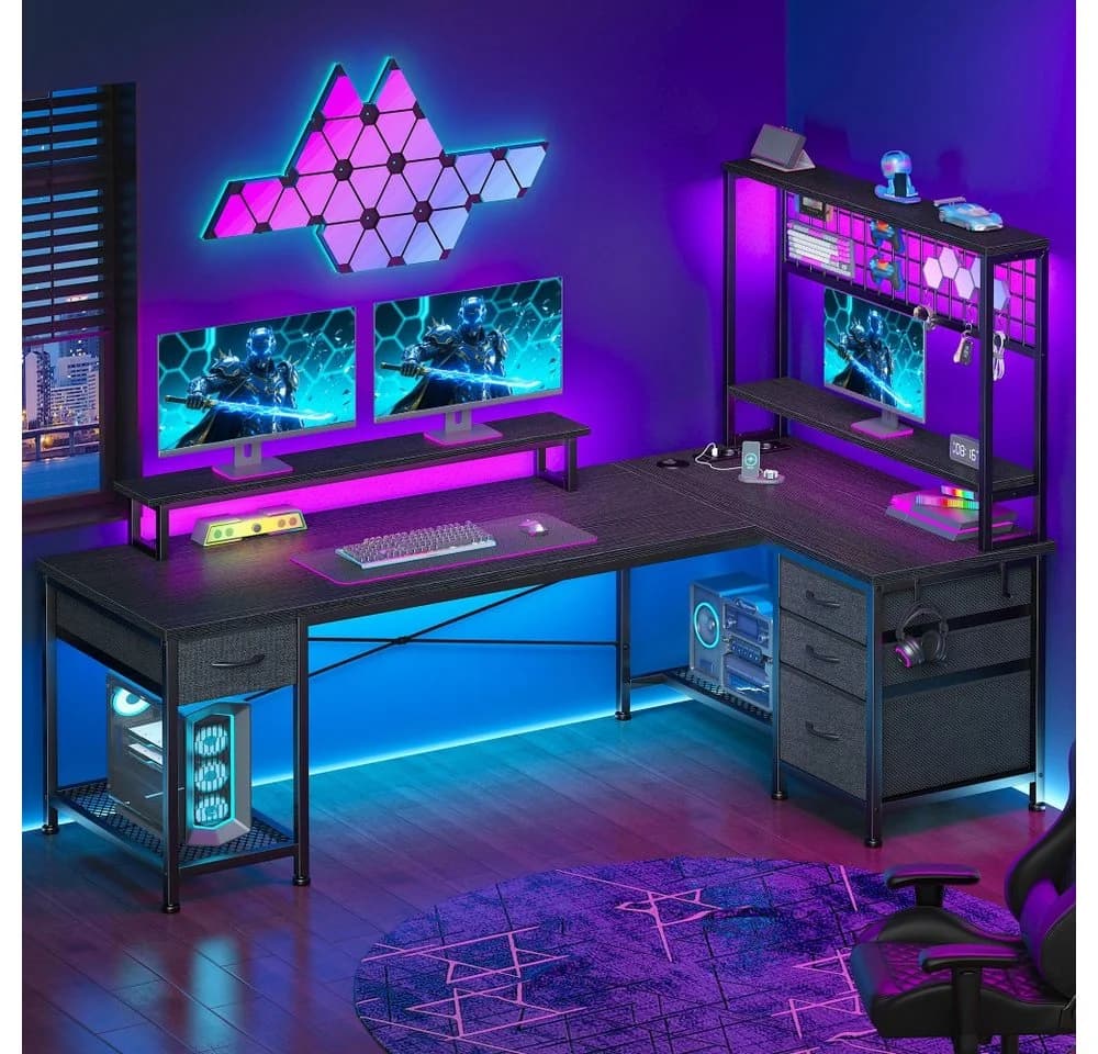 Klyvvo Gaming Schreibtisch L-Form Schwarz mit Schubladen & LED - Bild 2