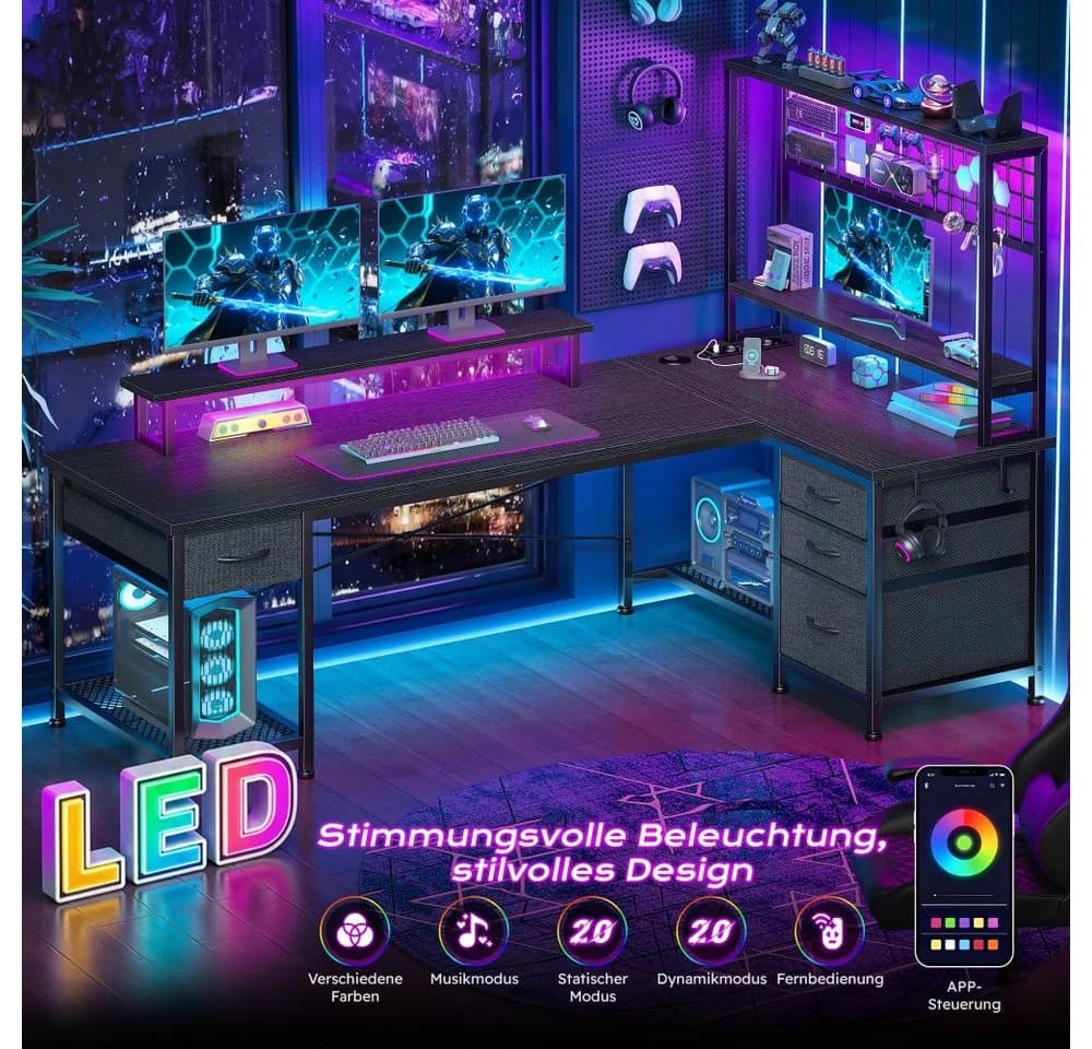 Klyvvo Gaming Schreibtisch L-Form Schwarz mit Schubladen & LED - Bild 3