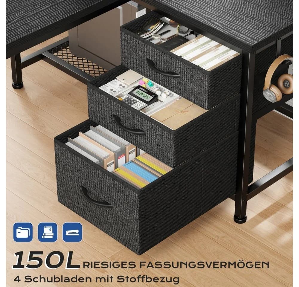 Klyvvo Gaming Schreibtisch L-Form Schwarz mit Schubladen & LED - Bild 4
