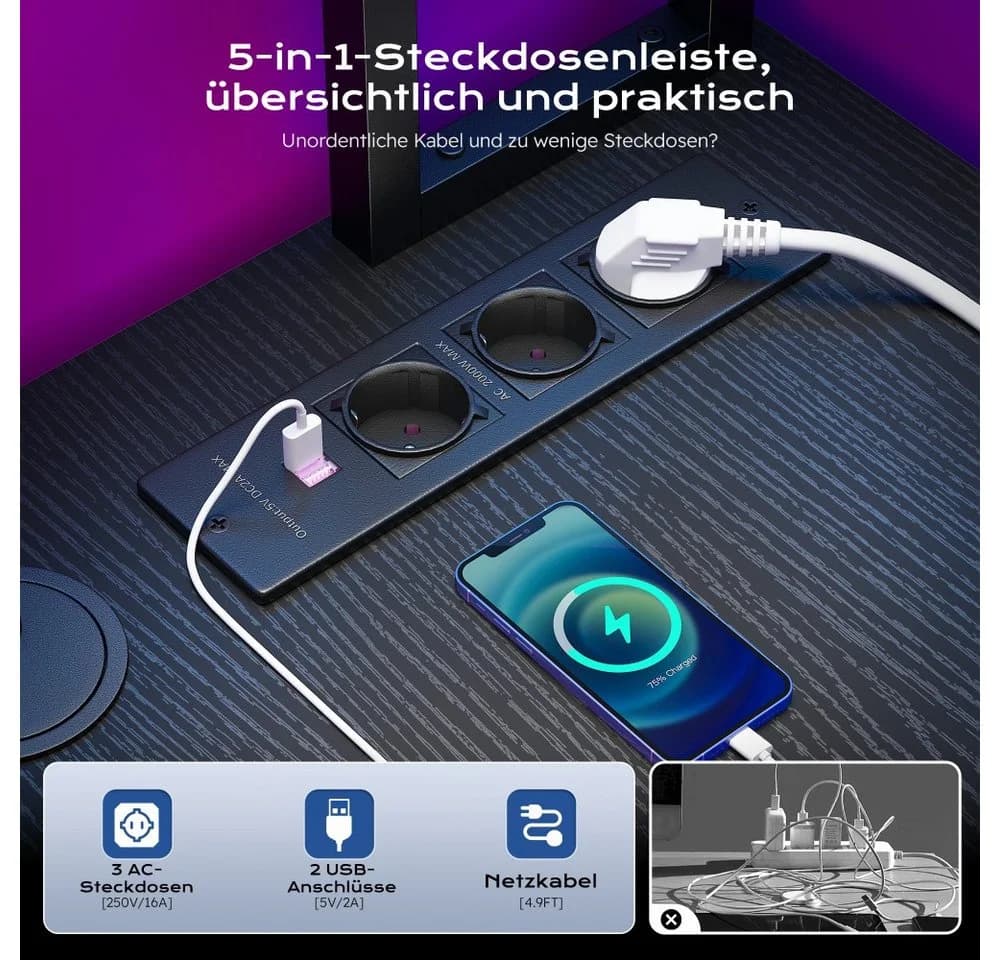 Klyvvo Gaming Schreibtisch L-Form Schwarz mit Schubladen & LED - Bild 5