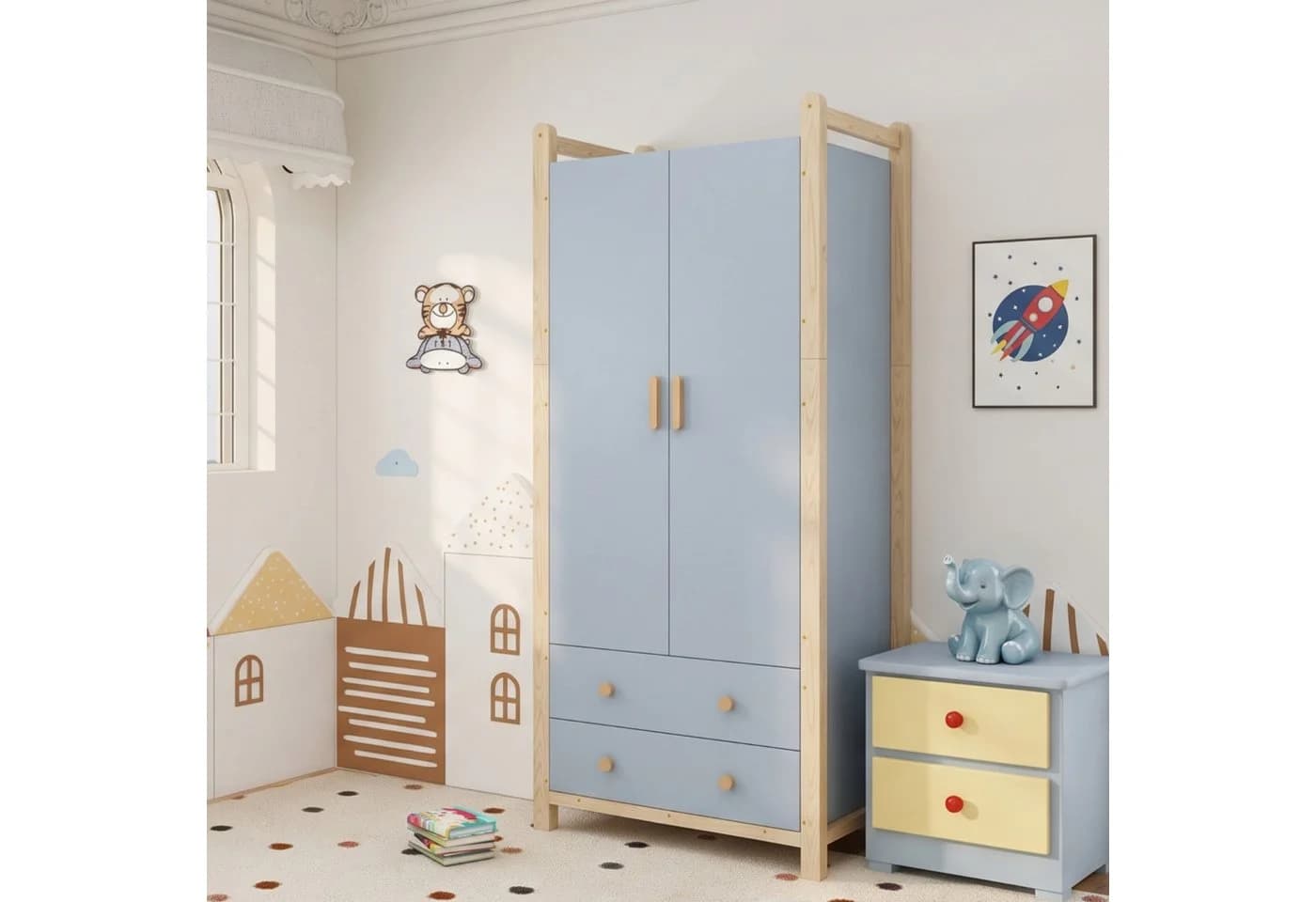 Ulife Kleiderschrank 2-türig Blau/Weiß Kiefernholz Spanplatte - Bild 3
