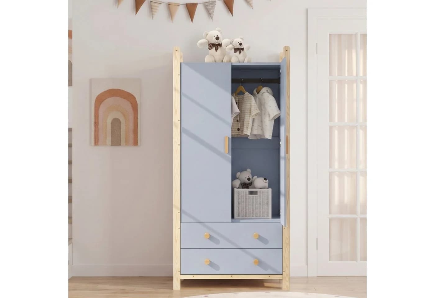 Ulife Kleiderschrank 2-türig Blau/Weiß Kiefernholz Spanplatte - Bild 4