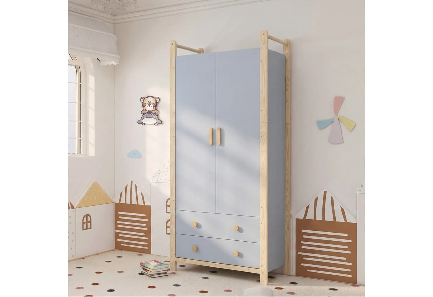 Ulife Kleiderschrank 2-türig Blau/Weiß Kiefernholz Spanplatte - Bild 5