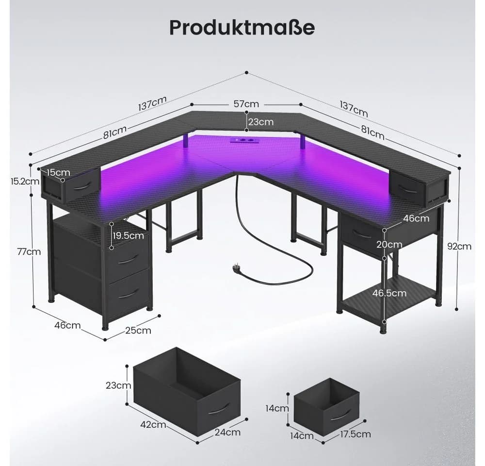 Klyvvo Gaming Schreibtisch L-Form Schwarz mit LED & Schubladen - Bild 3