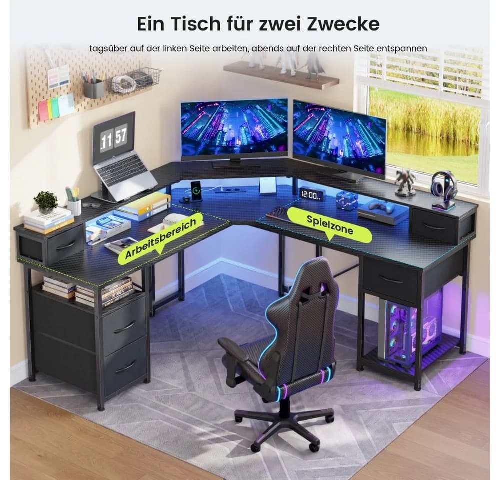 Klyvvo Gaming Schreibtisch L-Form Schwarz mit LED & Schubladen - Bild 4