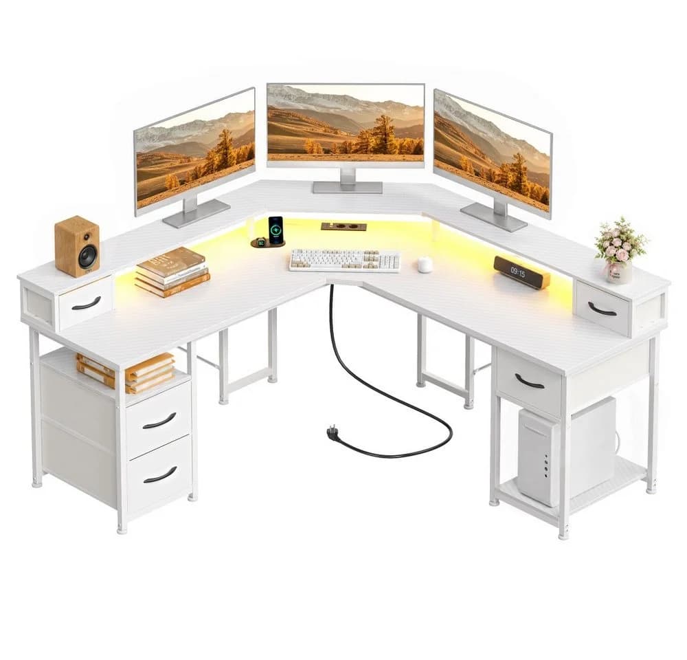 Klyvvo Gaming Schreibtisch L-Form Weiß mit LED & Schubladen - Bild 2