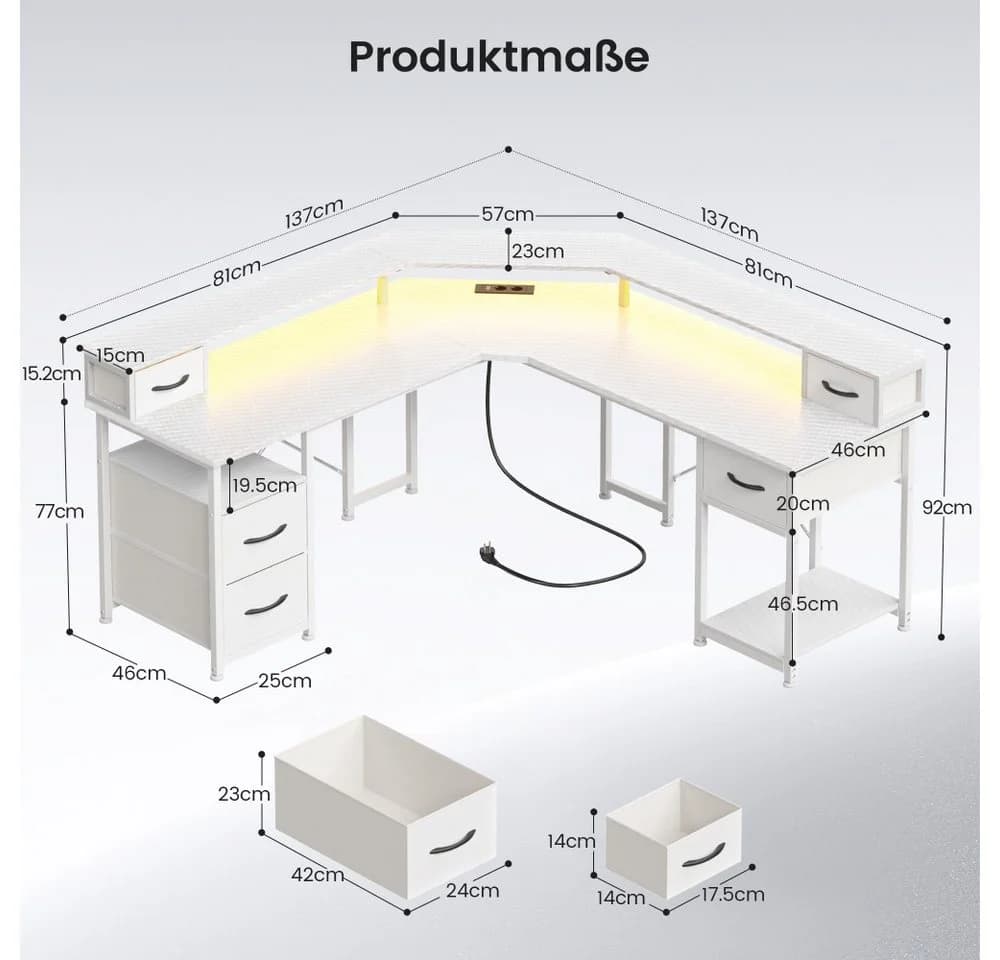 Klyvvo Gaming Schreibtisch L-Form Weiß mit LED & Schubladen - Bild 3