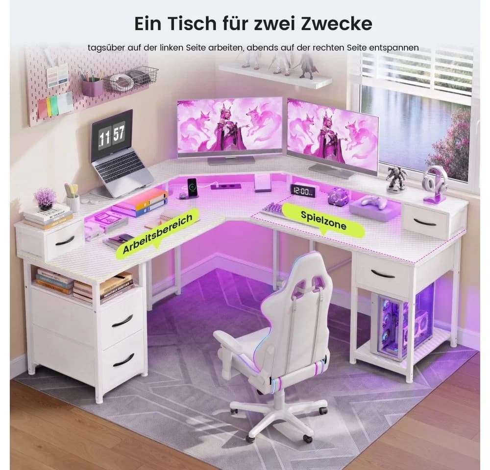 Klyvvo Gaming Schreibtisch L-Form Weiß mit LED & Schubladen - Bild 4