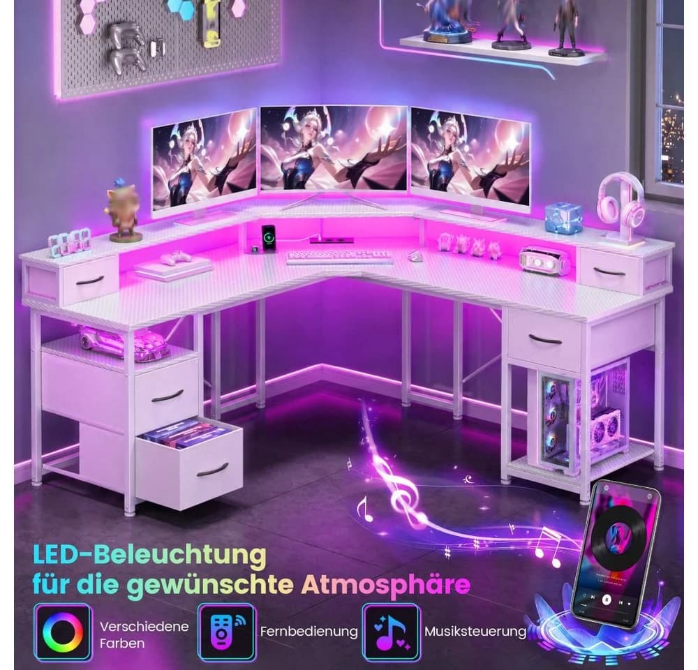 Klyvvo Gaming Schreibtisch L-Form Weiß mit LED & Schubladen - Bild 5