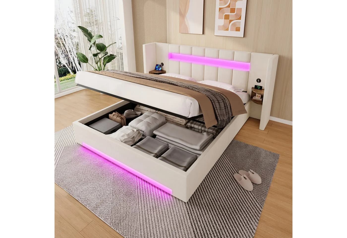 TavilaEcon Polsterbett mit Bettkasten, LED-Licht & USB-Anschlüssen Beige - Bild 2