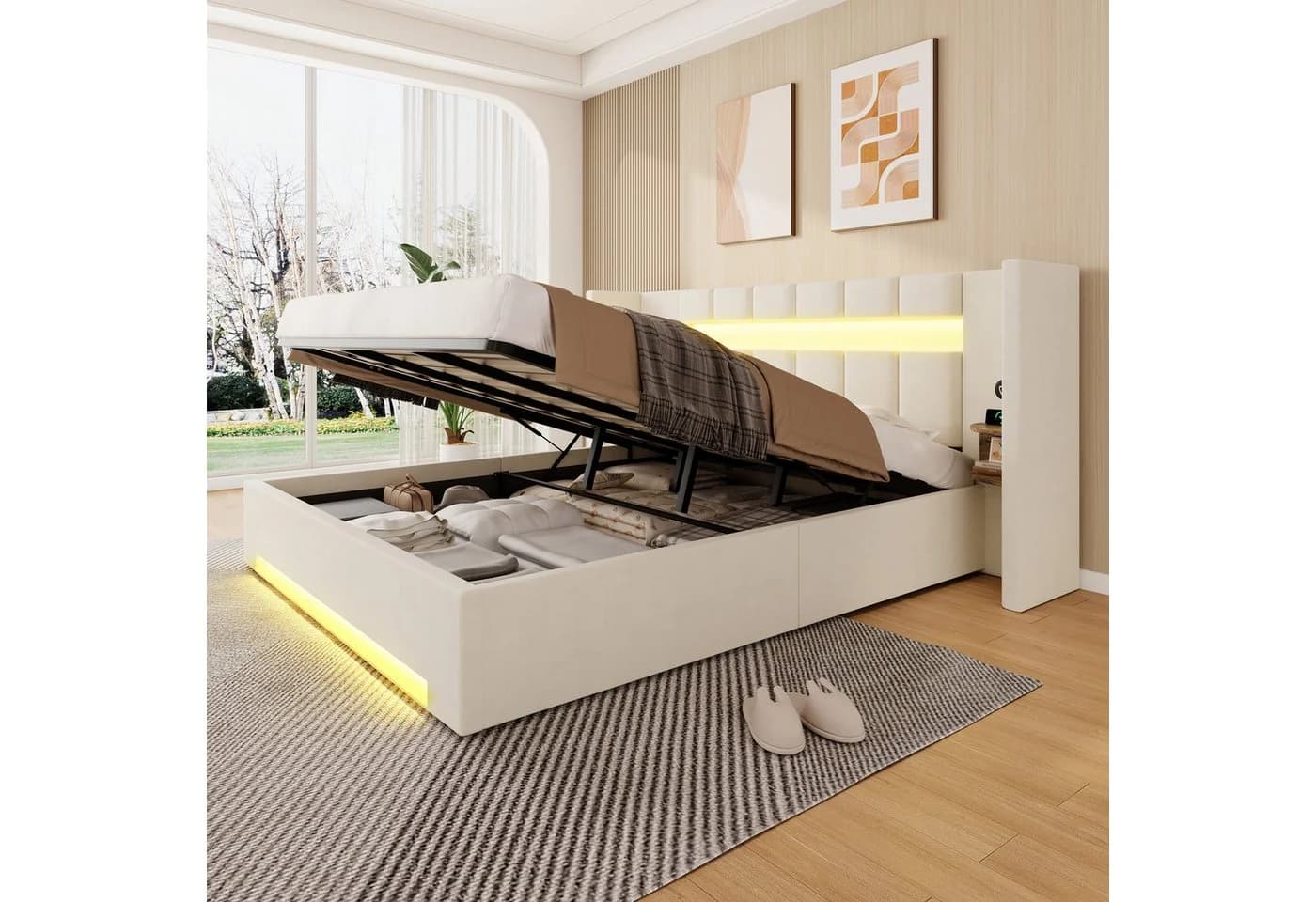 TavilaEcon Polsterbett mit Bettkasten, LED-Licht & USB-Anschlüssen Beige - Bild 3