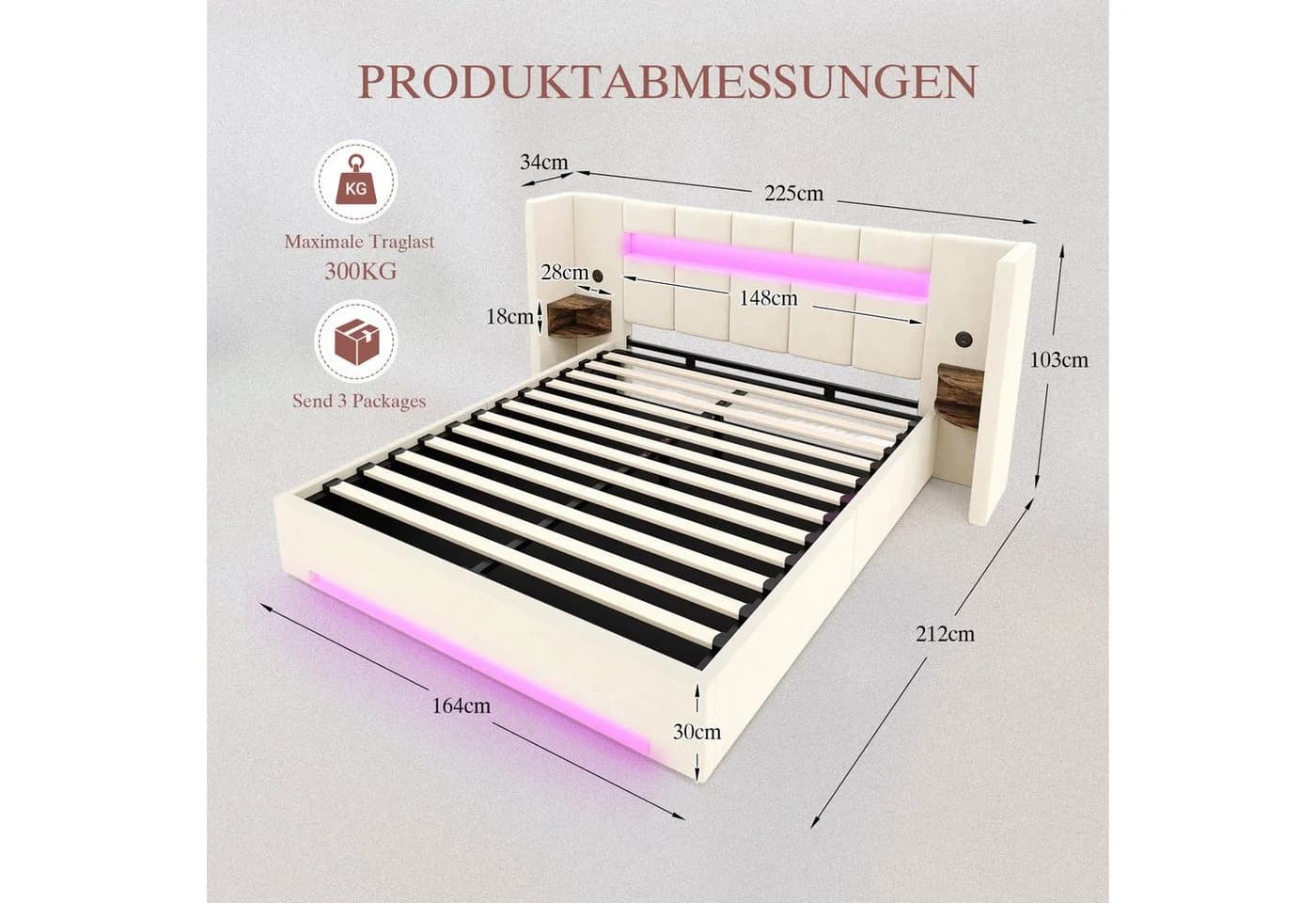 TavilaEcon Polsterbett mit Bettkasten, LED-Licht & USB-Anschlüssen Beige - Bild 4