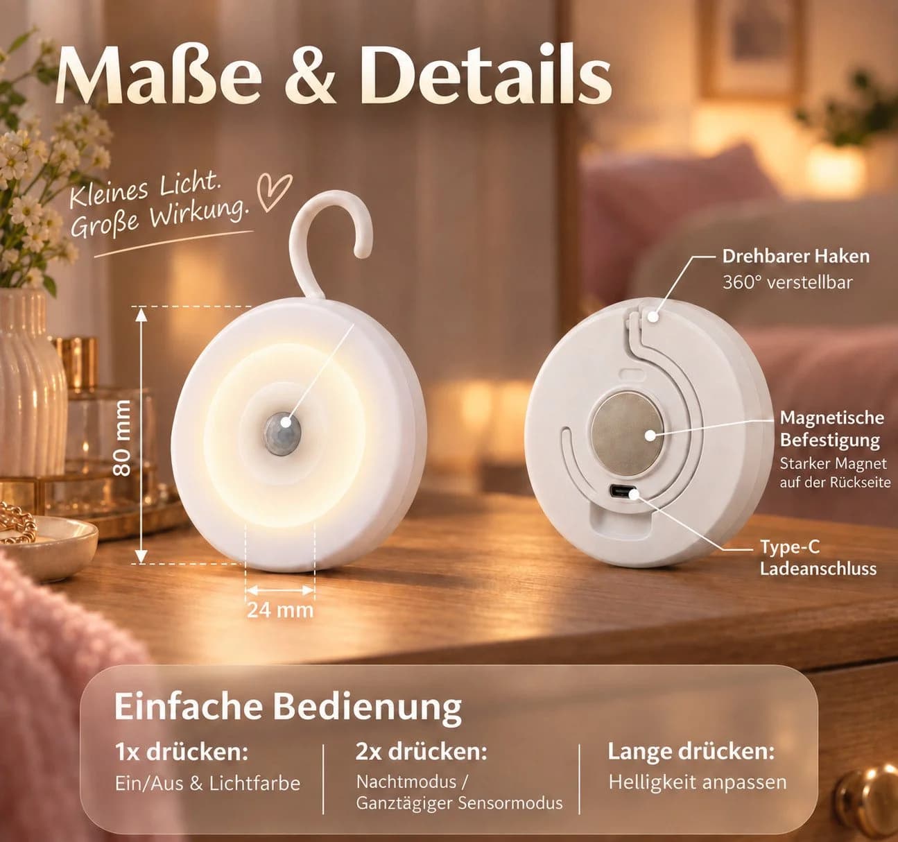 Fyrove LED Nachtlicht mit Bewegungsmelder, 3CCT & USB-C Aufladung, Weiß - Bild 5