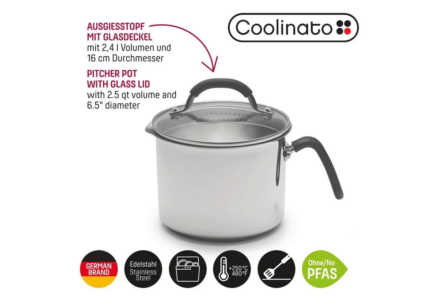 Coolinato Universaltopf 16cm 2,4l Edelstahl mit Glasdeckel