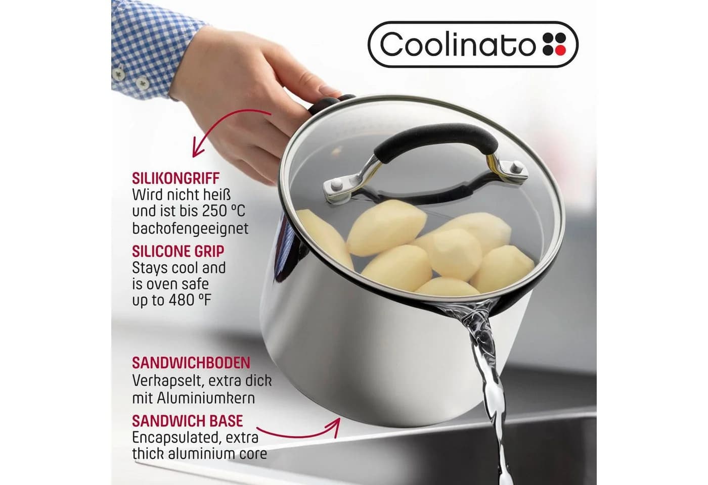 Coolinato Universaltopf 16cm 2,4l Edelstahl mit Glasdeckel - Bild 4