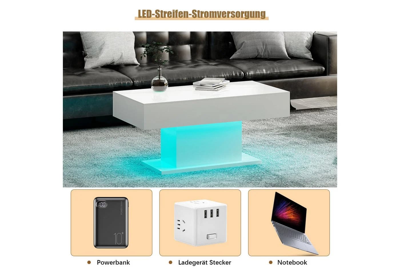 radelldar Couchtisch Wohnzimmertisch Hochglanz 110x55x50cm,USB - Bild 5