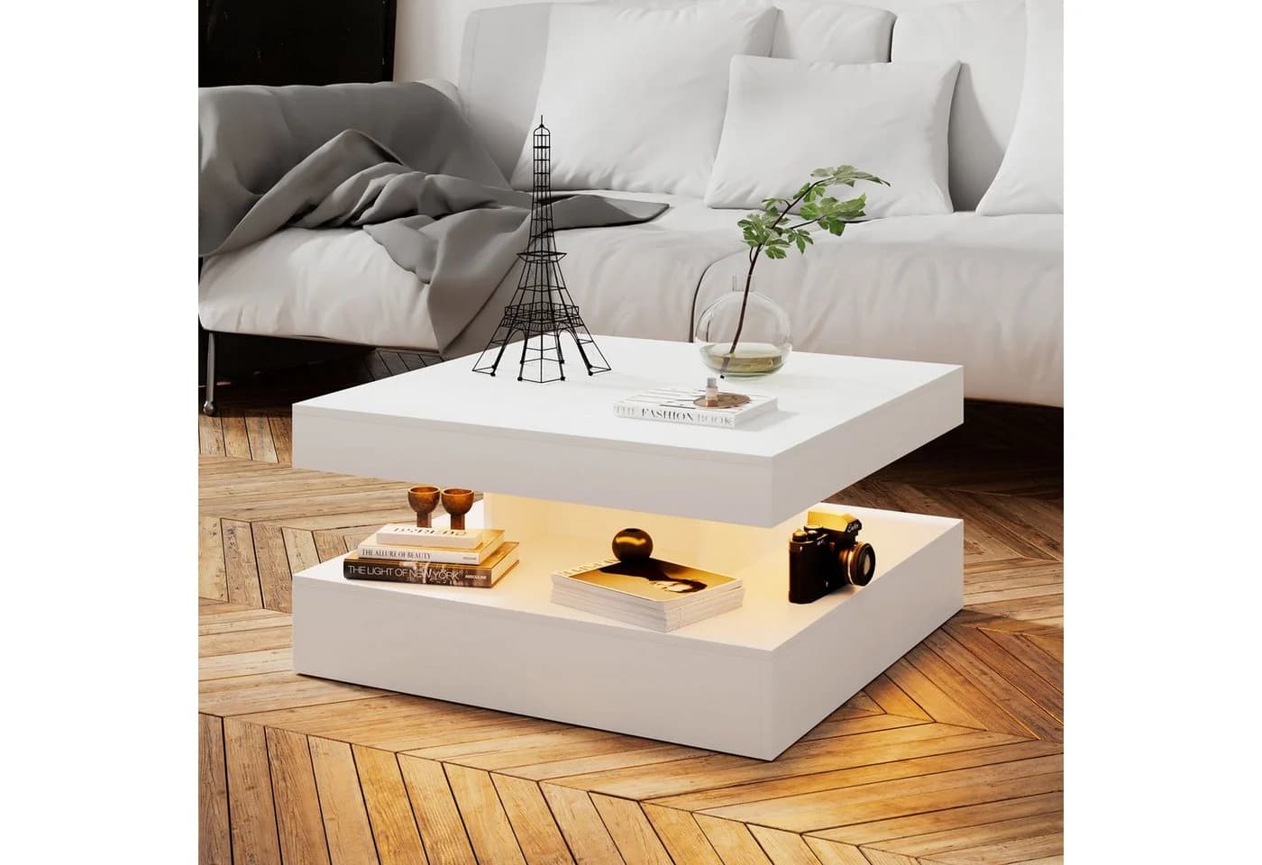 radelldar Couchtisch Wohnzimmertisch Weiß Hautähnliche Textur USB-Beleuchtung - Bild 3