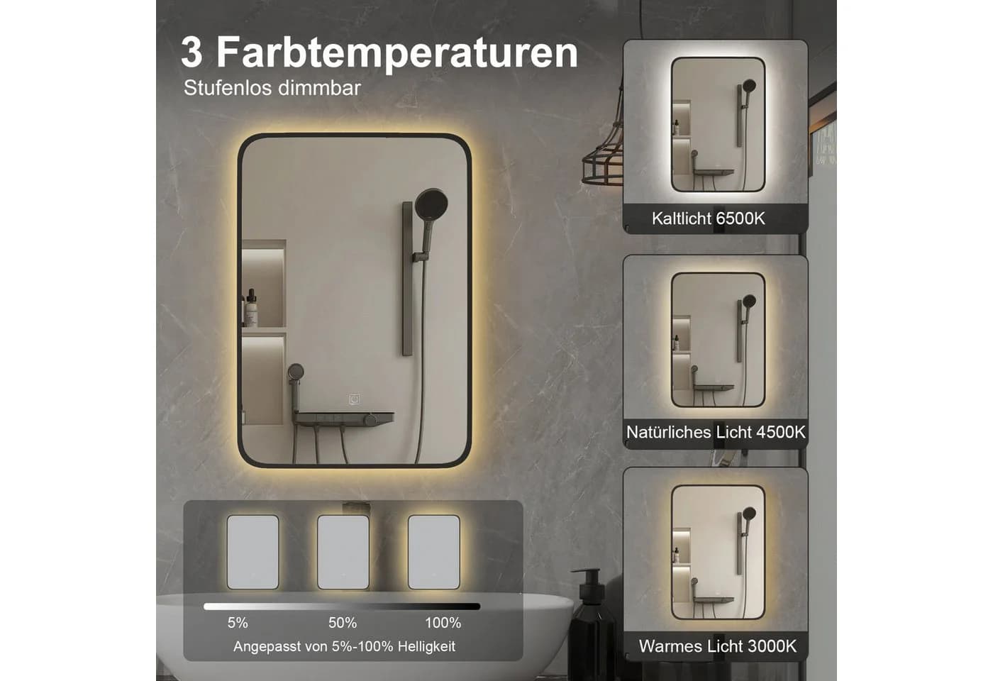 radelldar Badezimmerspiegelschrank Badschrank mit Beleuchtung 42/51cm mit 3 Ablage - Bild 4