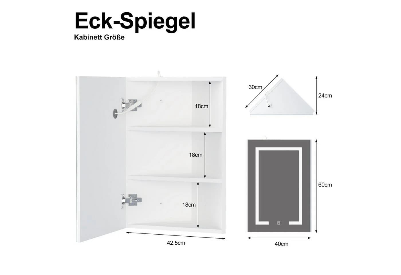 radelldar Eckschrank mit LED-Beleuchtung & HD-Spiegel – 3 Stauraumfächer