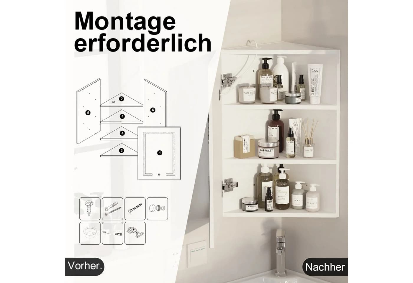 radelldar Eckschrank mit LED-Beleuchtung & HD-Spiegel – 3 Stauraumfächer - Bild 4